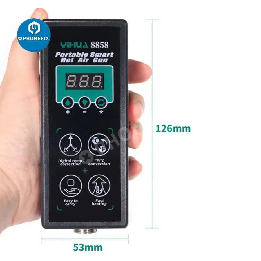 PhoneFix YIHUA 8858 BGA soldering rework station with portable hot air gun, compact design, and digital controls for rework and repair.