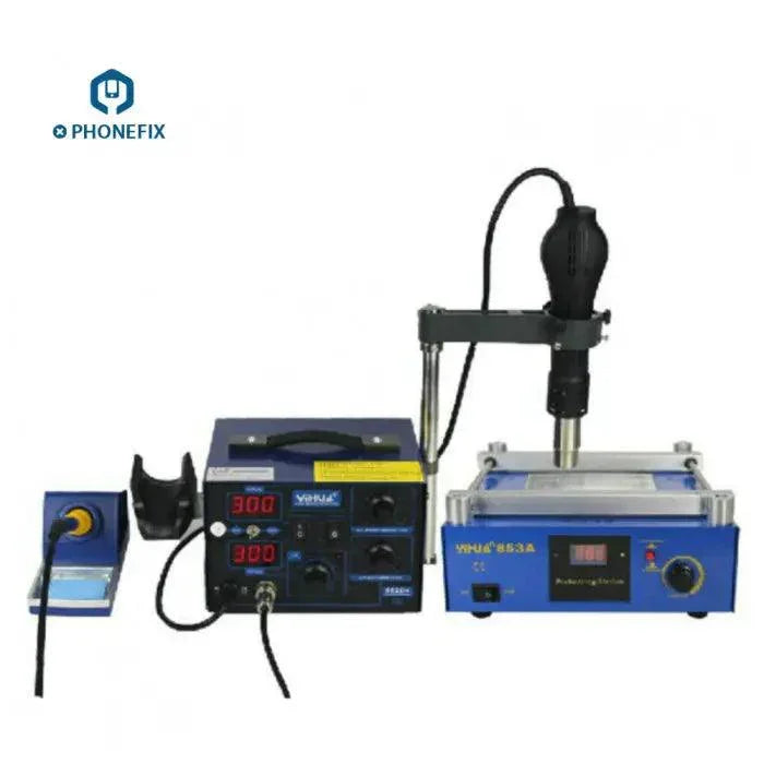 YIHUA 3-in-1 BGA Rework Station Combination YH-862D and YH-853A with soldering iron, hot air rework tools, and control panels