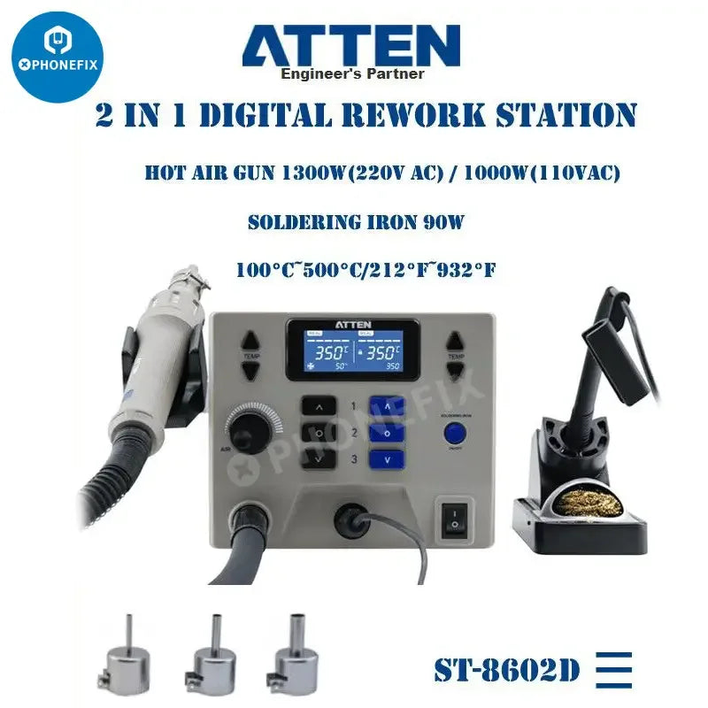 ATTEN ST-8602D 1300W 2-in-1 hot air desoldering station for BGA rework, with adjustable temperature and airflow settings.