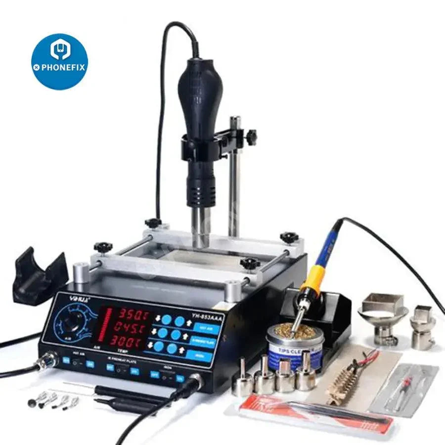 YIHUA 853AAA BGA rework station with hot air gun, used for pre-heating and reworking BGA components on circuit boards.