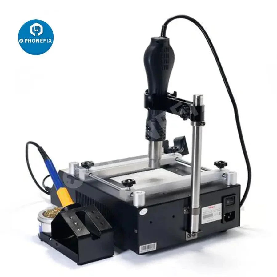 YIHUA 853AAA BGA Rework Station with hot air gun, PRE-Heating for electronics repair, branded PHONEFIX, in a professional workstation setup.