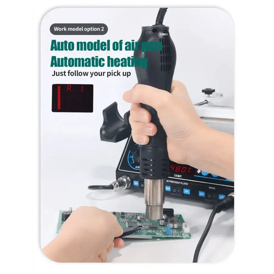 Estación de retrabajo BGA YIHUA 853AAA con pistola de aire caliente para precalentar y retrabajar placas de circuitos, utilizada para la reparación de componentes electrónicos.