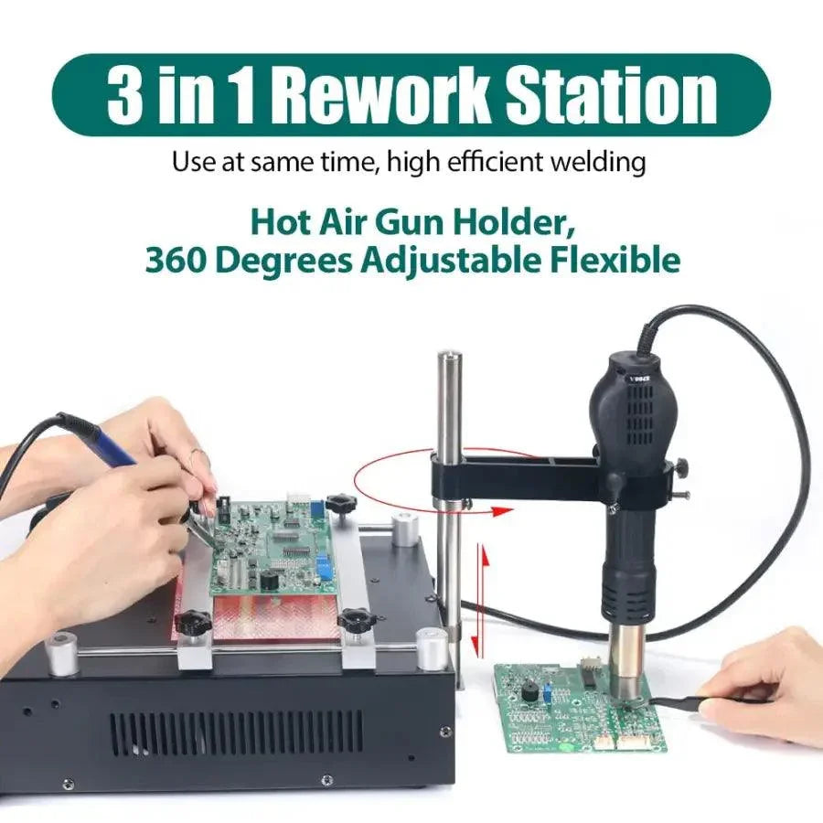 Estación de retrabajo BGA YIHUA 853AAA con pistola de aire caliente para precalentamiento y retrabajo, ideal para la reparación de componentes electrónicos.