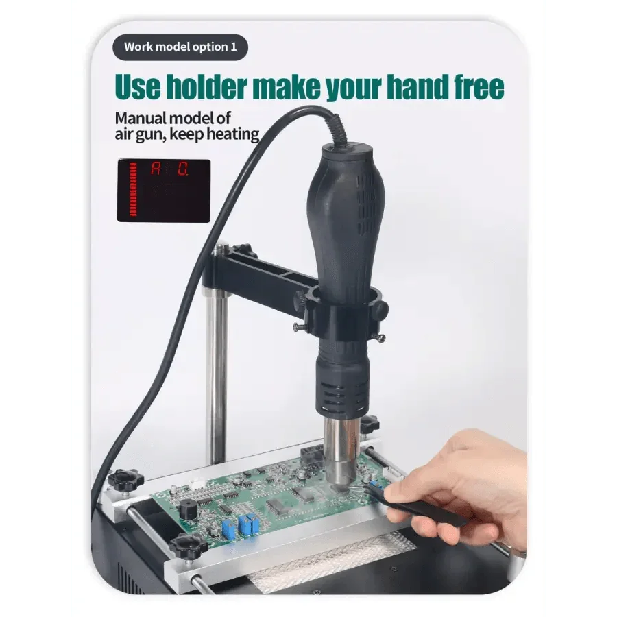 Estación de retrabajo BGA YIHUA 853AAA con pistola de aire caliente para precalentamiento y retrabajo, ideal para tareas de reparación y soldadura de componentes electrónicos.