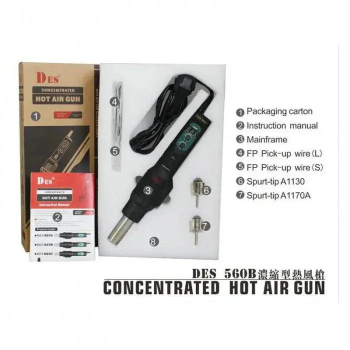 Phonefix DES 560B handheld hot air gun BGA rework station with digital controls and handle bracket, used for soldering and de-soldering electronics.