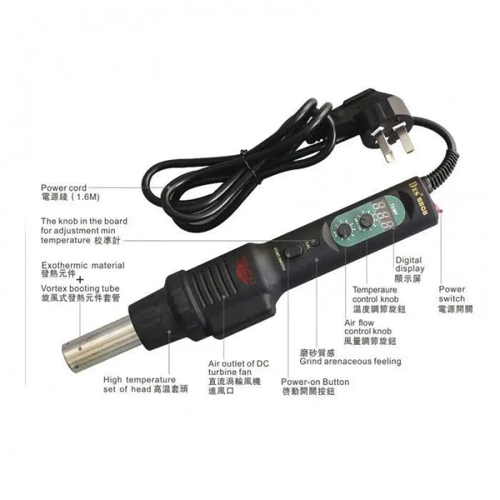 PhoneFix DES 560B handheld hot air gun BGA rework station with digital controls and handle bracket for precise de-soldering.