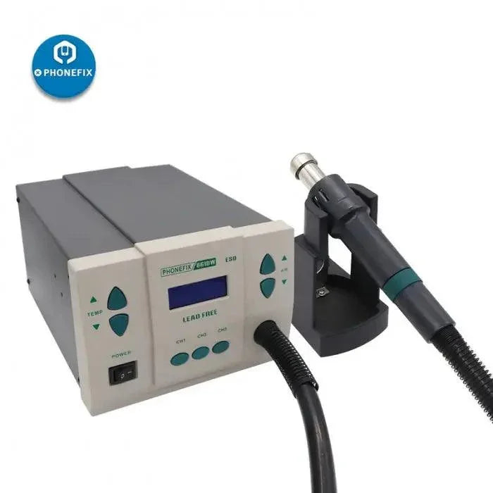 PHONEFIX 861DW 900W BGA Rework Station with digital display and 3 nozzles for precise hot air rework and soldering tasks.