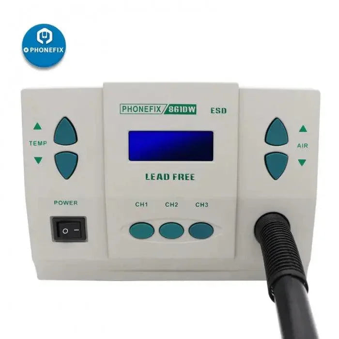PHONEFIX 861DW 900W digital hot air rework station with BGA rework capability and three nozzles, used for electronic component repairs.