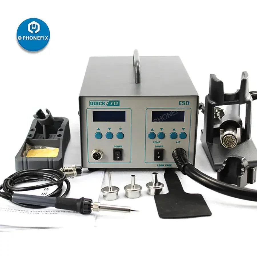 Quick 712 Digital 2-in-1 Hot Air Gun and Soldering Iron Station by PHONEFIX, BGA rework station with digital controls.