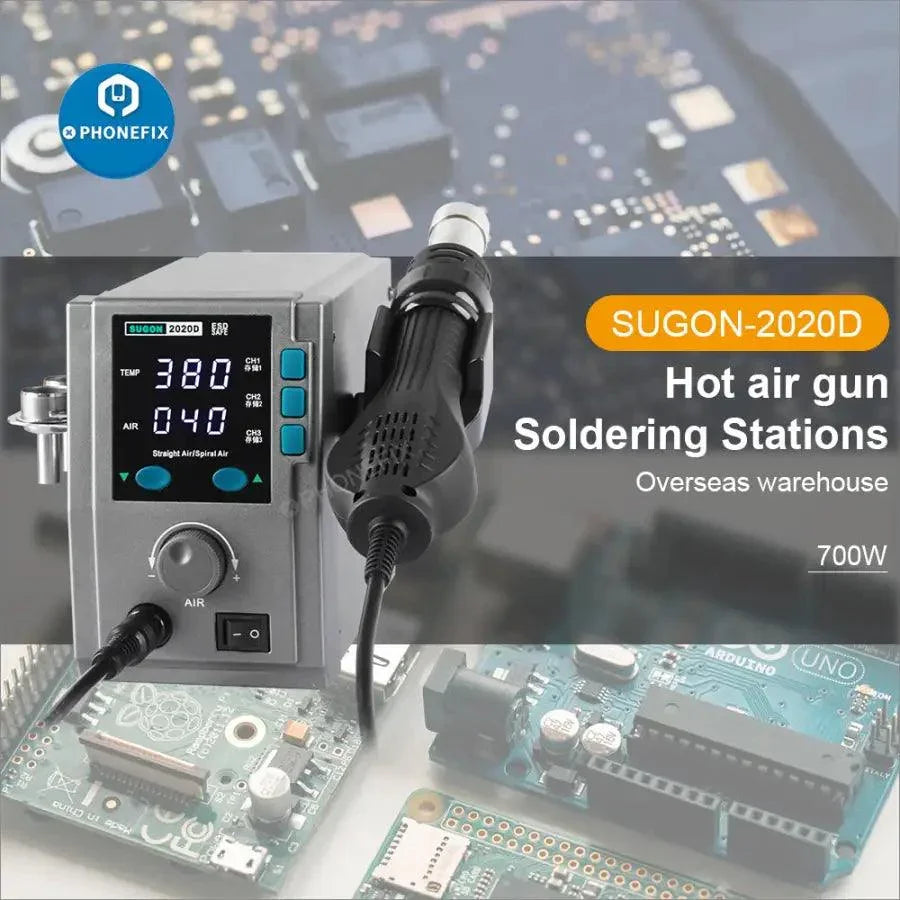 Station de dessoudage BGA à air chaud SUGON 2020D 700W pour la réparation de circuits imprimés, présentée avec panneau de commande et accessoires de buse.