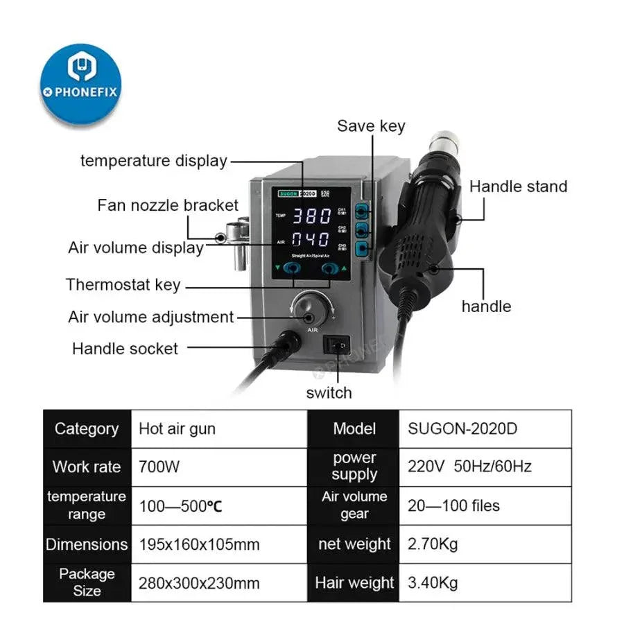 Station de dessoudage BGA à pistolet à air chaud SUGON 2020D 700W pour la réparation de circuits imprimés, avec commandes numériques et conception ergonomique.