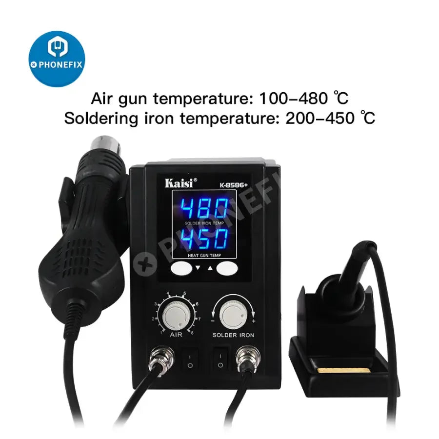 PHONEFIX 8586 SMD Hot Air Gun Rework Station for PCB soldering and BGA rework, with adjustable air flow and heating elements.