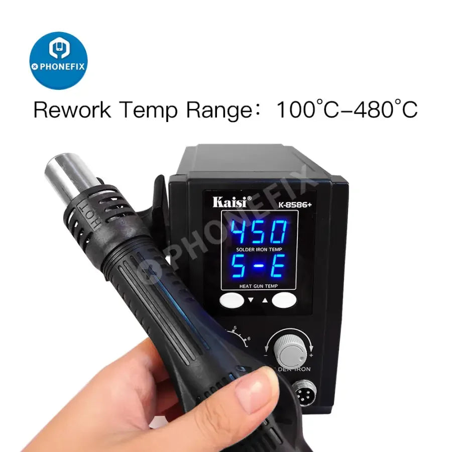 PHONEFIX 8586 SMD Hot Air Gun Rework Station for PCB soldering and BGA repair, featuring adjustable airflow and temperature controls.