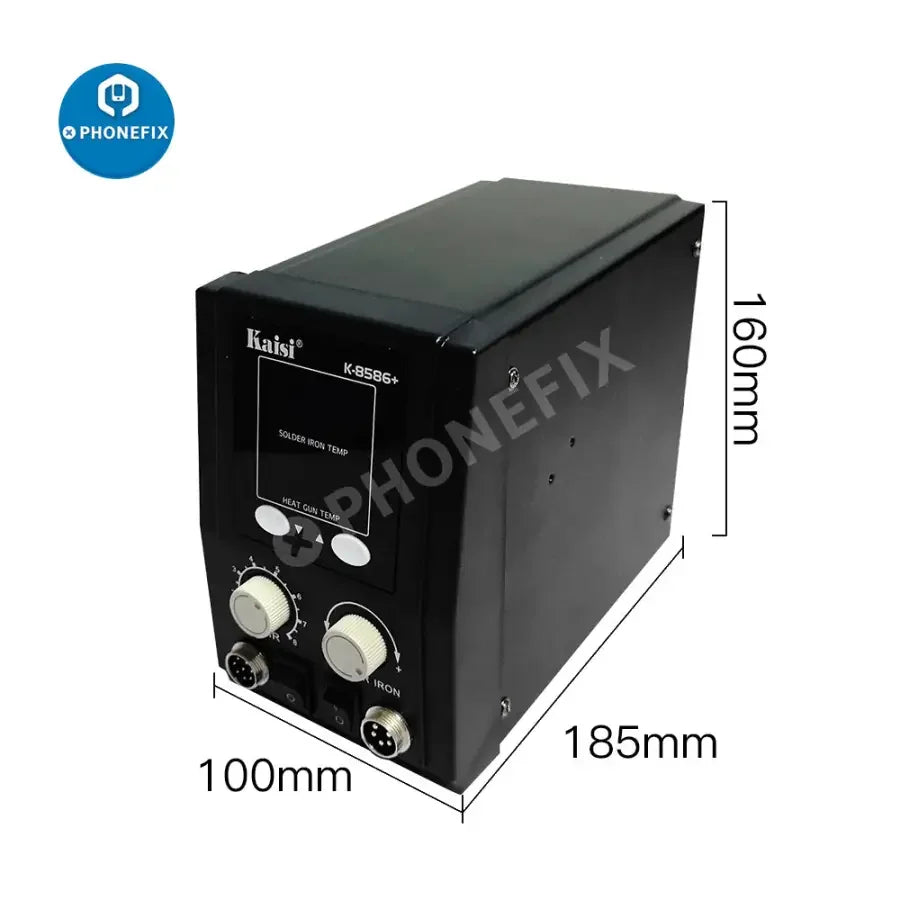 PhoneFIX BGA Rework Station 8586+ SMD hot air gun for PCB soldering and repair, with digital controls and adjustable temperature.