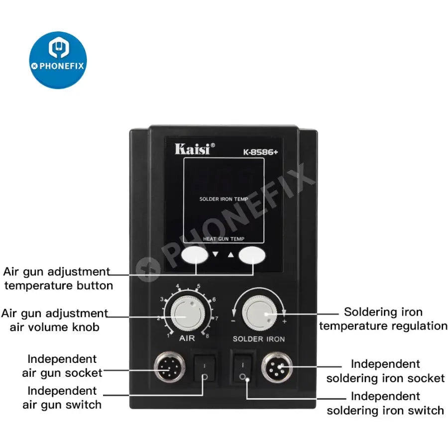 PhoneFix BGA Rework Station 8586+ SMD hot air gun for PCB soldering and repair, with digital controls and adjustable temperature.