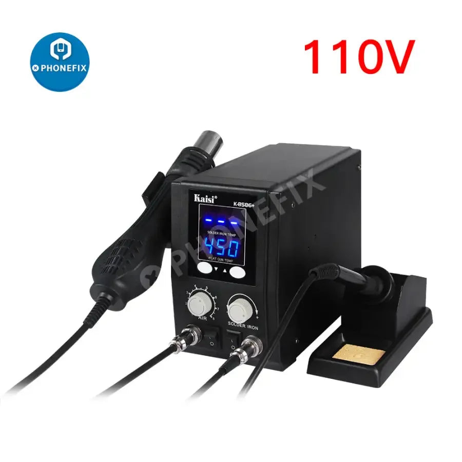 PhoneFix BGA rework station with hot air gun for PCB soldering and repair, featuring adjustable temperature controls.