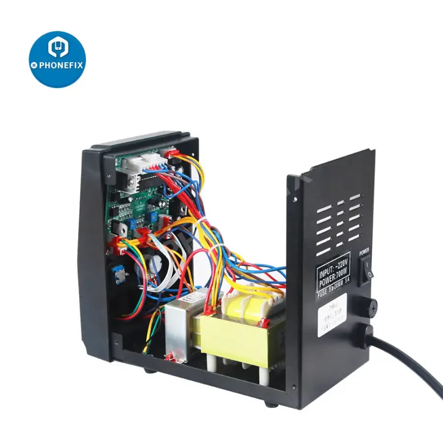 PhoneFix BGA rework station with hot air gun for PCB soldering and repair, featuring adjustable temperature controls.