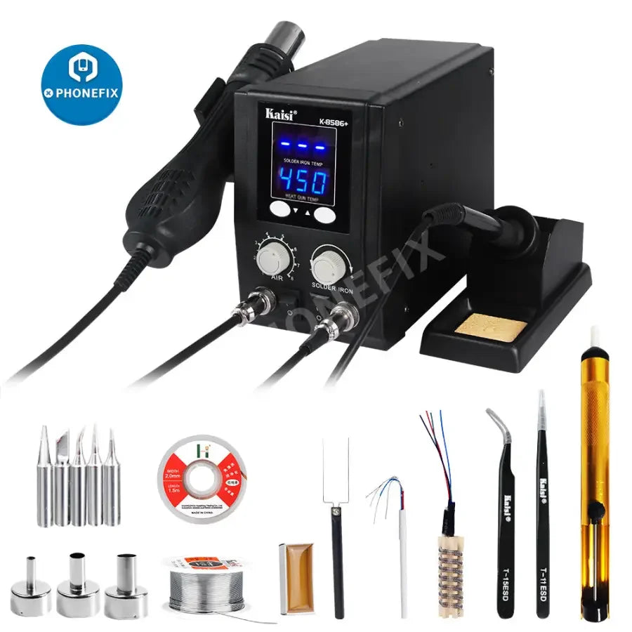PHONEFIX BGA Rework Station 8586+ SMD hot air gun for PCB soldering and repair, with control panel and heating nozzle visible.