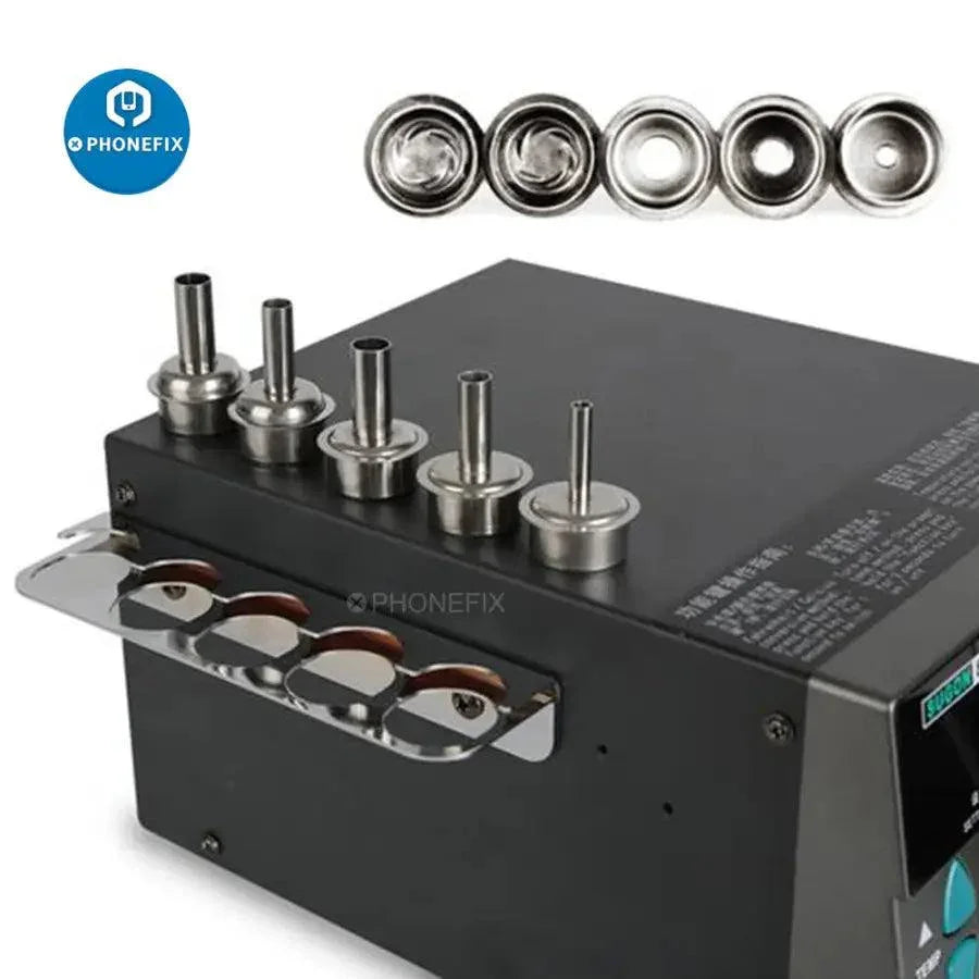 SUGON 8610DX 1000W BGA hot air rework station with LED display and five nozzles, used for electronic circuit repair.