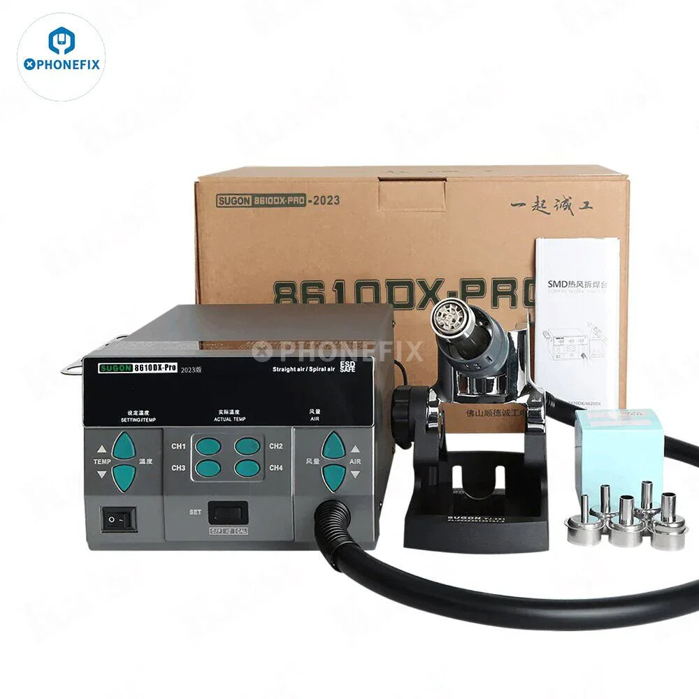 SUGON 8610DX 1000W hot air rework station with LED display and five nozzles, designed for BGA rework by PHONEFIX