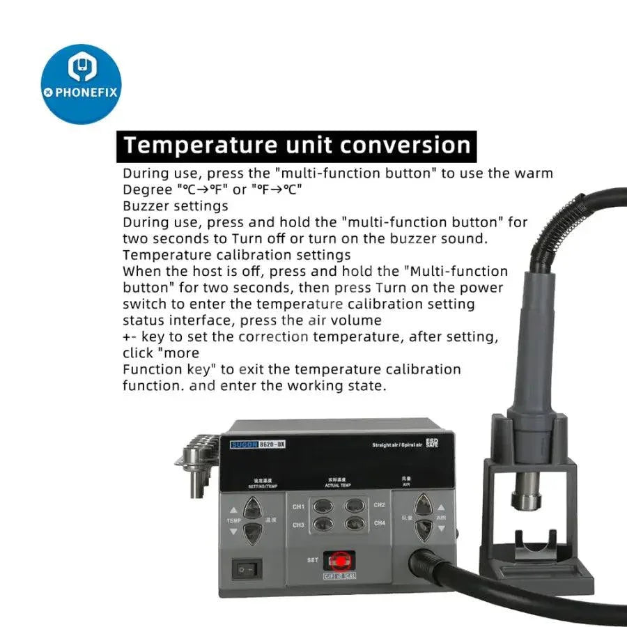 SUGON 8620DX 1000W BGA hot air rework station with 45-degree nozzles, used for electronics repair and rework.