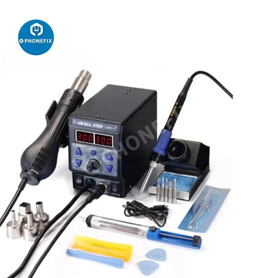 YIHUA 8786D BGA rework station by PHONEFIX with hot air soldering station and various tools for BGA and SMD soldering.