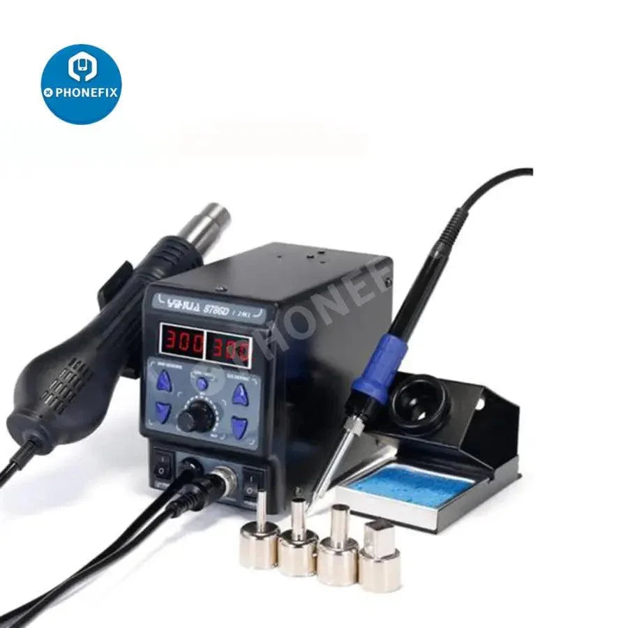 YIHUA 8786D BGA rework station with hot air soldering station for SMD and BGA welding, featuring control knobs and digital display.