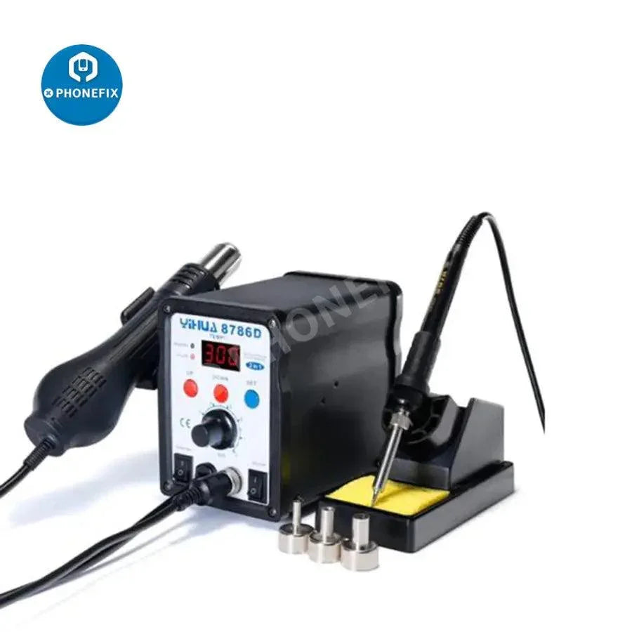 YIHUA 8786D BGA Rework Station by PHONEFIX with hot air soldering station and welding tools for SMD and BGA repairs.