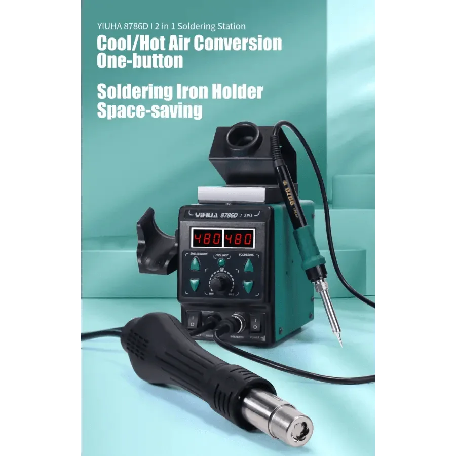 YIHUA 8786D Hot Air Soldering Station by PHONEFIX, BGA rework station with hot air gun and control panel for SMD welding.