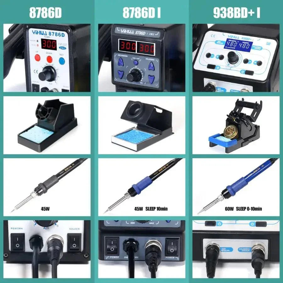 YIHUA 8786D BGA rework station with hot air soldering tools, PHONEFIX brand, for SMD welding and circuit board repairs.