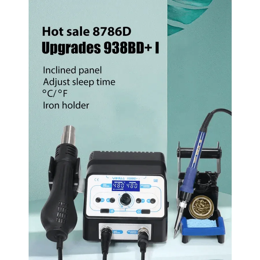 YIHUA 8786D BGA rework station with hot air soldering station for SMD welding, featuring control knobs and display panel.