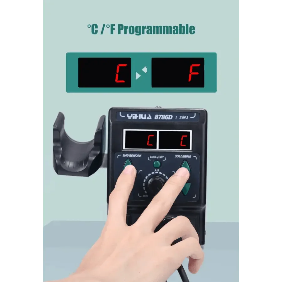 YIHUA 8786D BGA rework station with hot air soldering iron, digital controls, and precision for SMD welding and rework tasks.