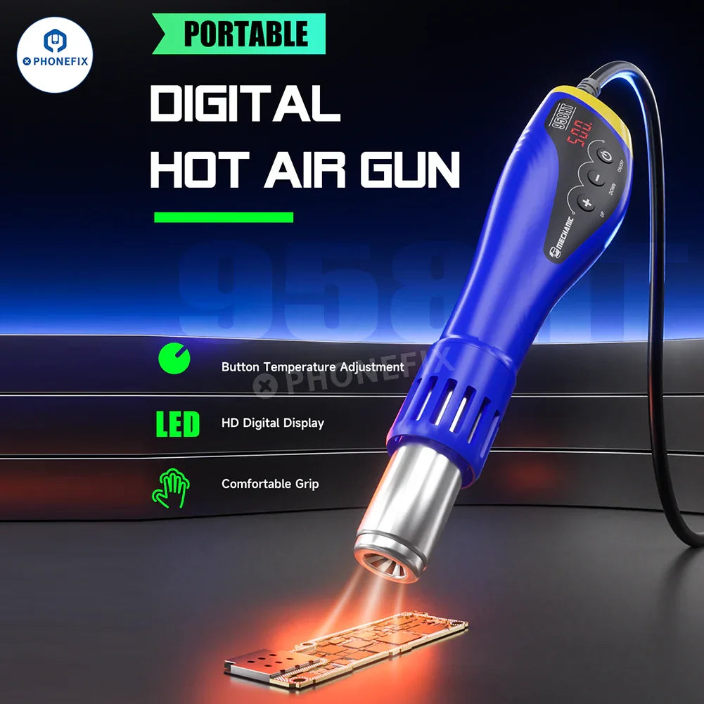 PhoneFix 958HT portable digital hot air gun used for mobile phone repair and BGA rework station.
