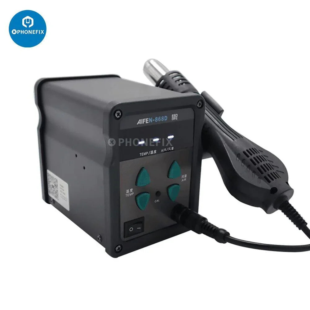 AIFEN 868D 700W hot air gun BGA rework station with digital display, seven nozzles, and control panel for electronics repair.