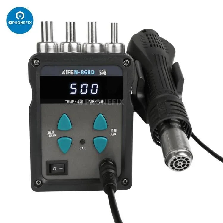 AIFEN 868D 700W BGA rework station with digital display, hot air gun, seven nozzles, and control panel for electronics repair.
