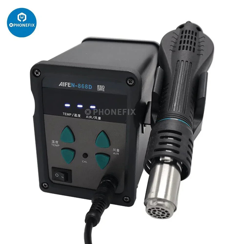 AIFEN 868D 700W hot air gun BGA rework station with digital display, seven nozzles, and phonefix branding for electronic repairs.