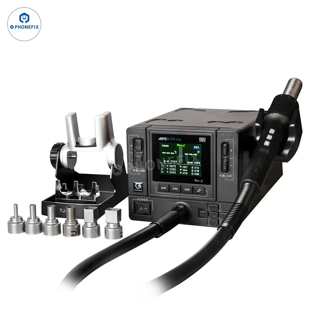 AIFEN F5 Pro BGA rework station with 1000W hot air gun, featuring digital controls and professional rework tools for electronics repair.