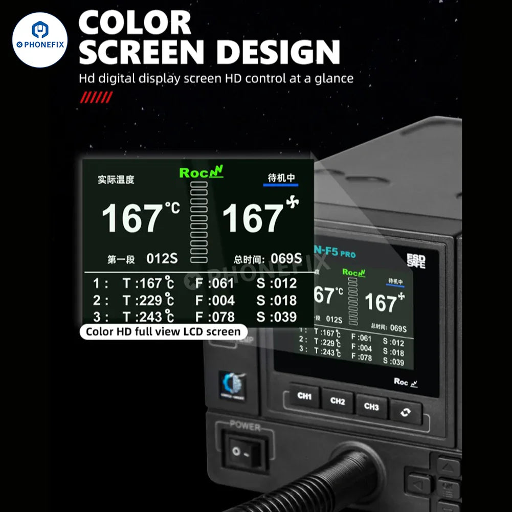 AIFEN F5 Pro BGA Rework Station with 1000W hot air gun for electronics repair, featuring digital controls and adjustable temperature.