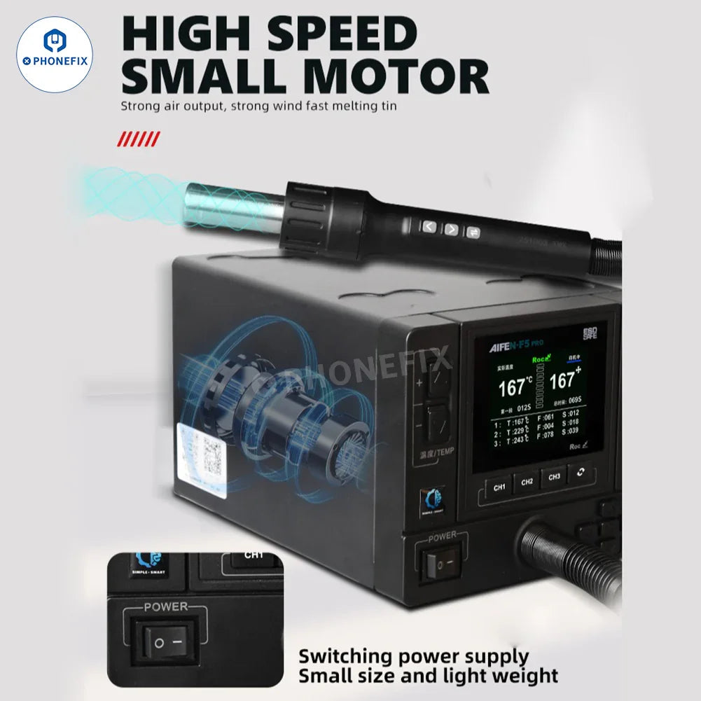 AIFEN F5 Pro BGA rework station with 1000W hot air gun, featuring digital controls and display for phone repair and rework tasks.