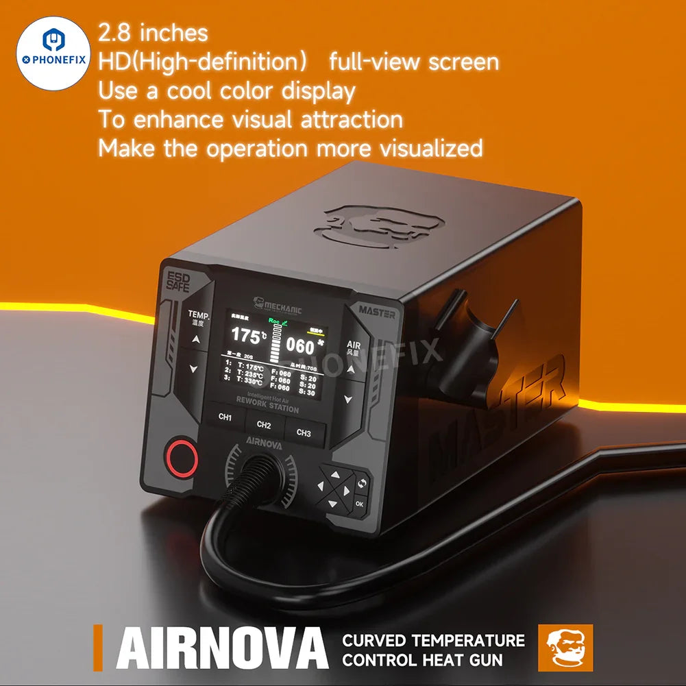 PhoneFix Mechanic AirNova 1200W BGA Rework Station for phone repair with hot air gun and digital controls.