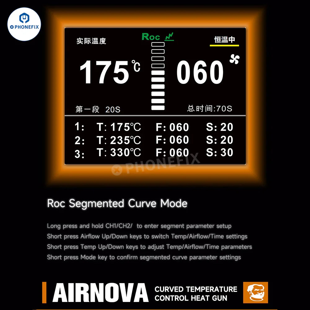 PhoneFix Mechanic Airnova 1200W BGA rework station with hot air for phone repair and circuit board rework.