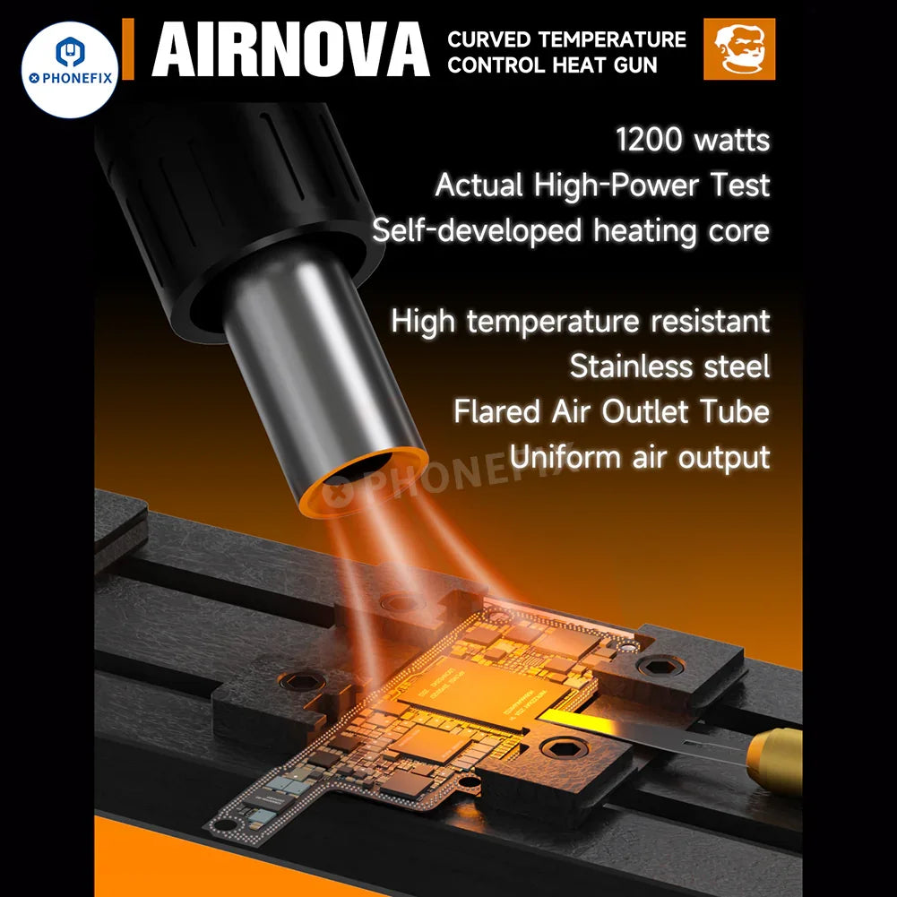 PhoneFix Mechanic Airnova 1200W BGA rework station with hot air gun for phone repair and reflow tasks.