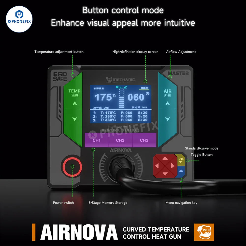 PhoneFix Mechanic Airnova 1200W BGA Rework Station for phone repair, with hot air gun and digital temperature control.