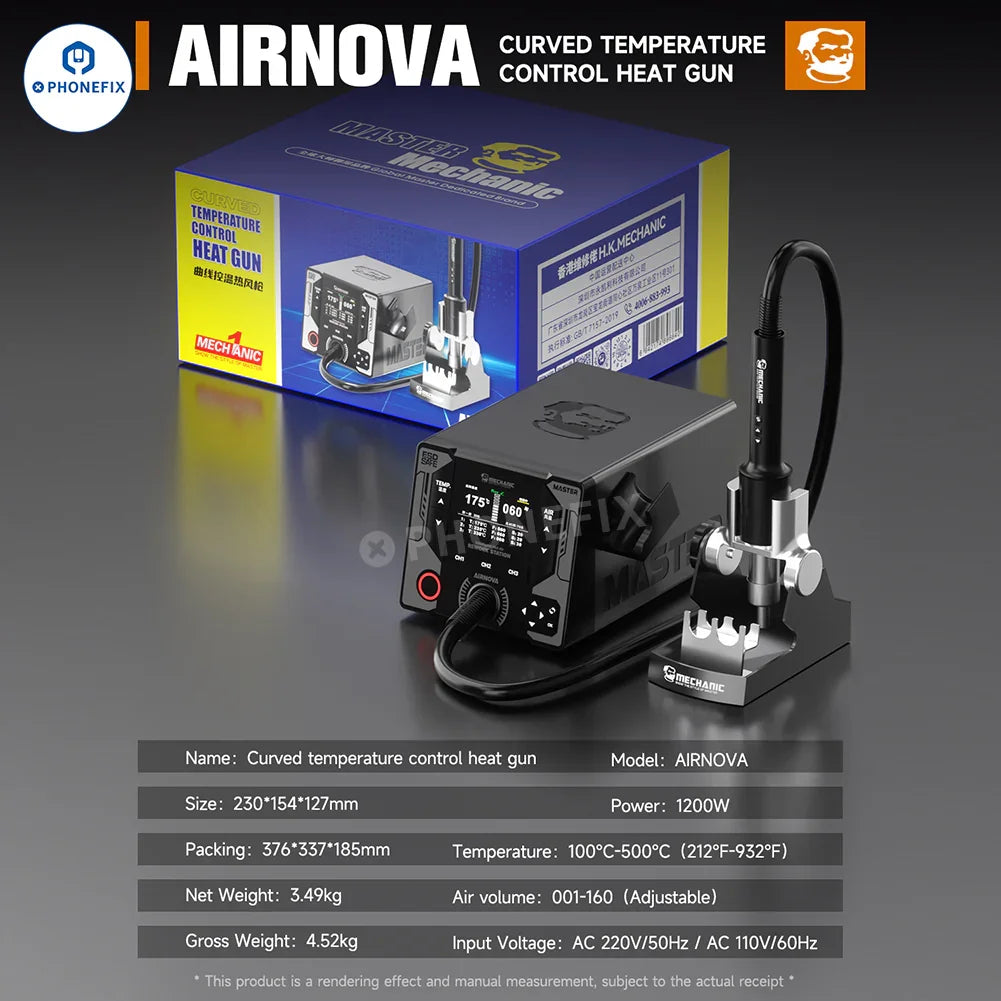 PHONEFIX Mechanic Airnova 1200W BGA rework station with hot air gun for phone repair, detailed view of the device and controls