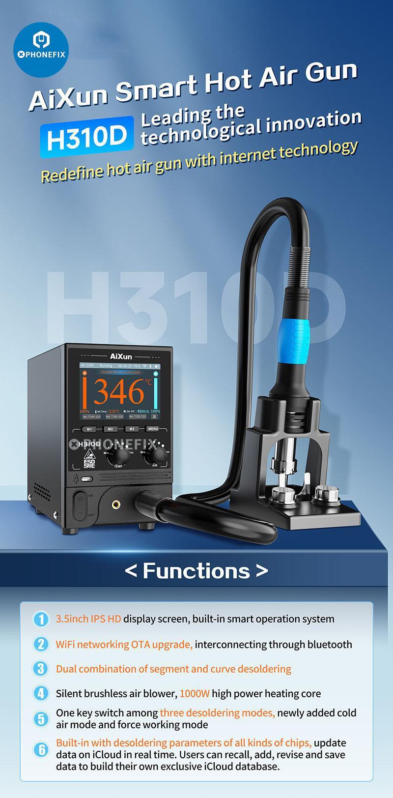 AiXun H310D BGA rework station with smart hot air gun used for precise electronics repair, featuring digital controls and compact design.