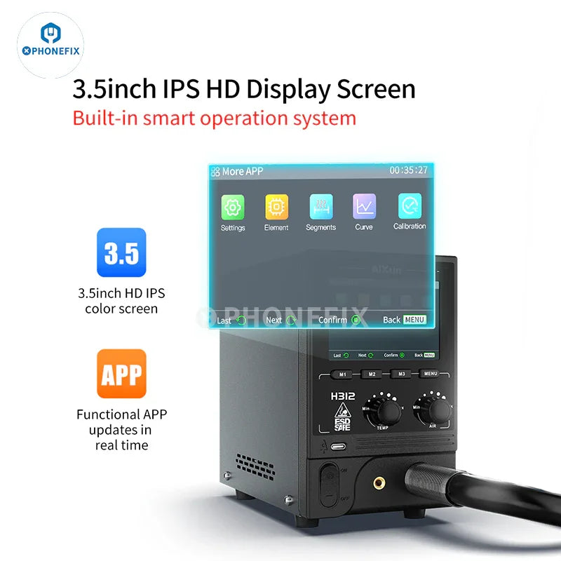 AiXun H312 1400W Smart Hot Air Gun BGA Rework Station with digital controls and hot air nozzle for electronics repair.