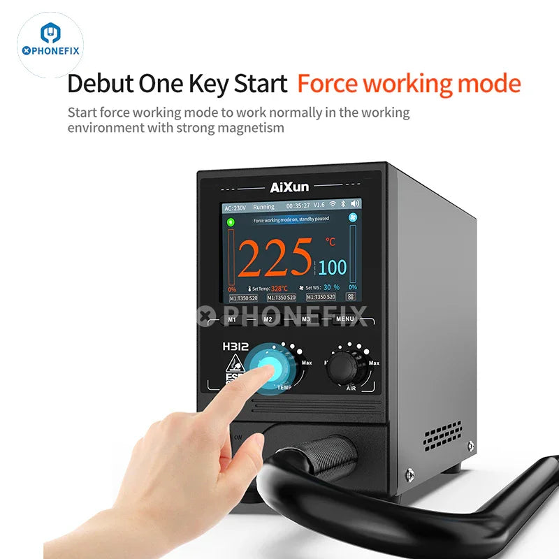 AiXun H312 1400W smart hot air gun BGA rework station for electronics repair, with digital controls and adjustable temperature.