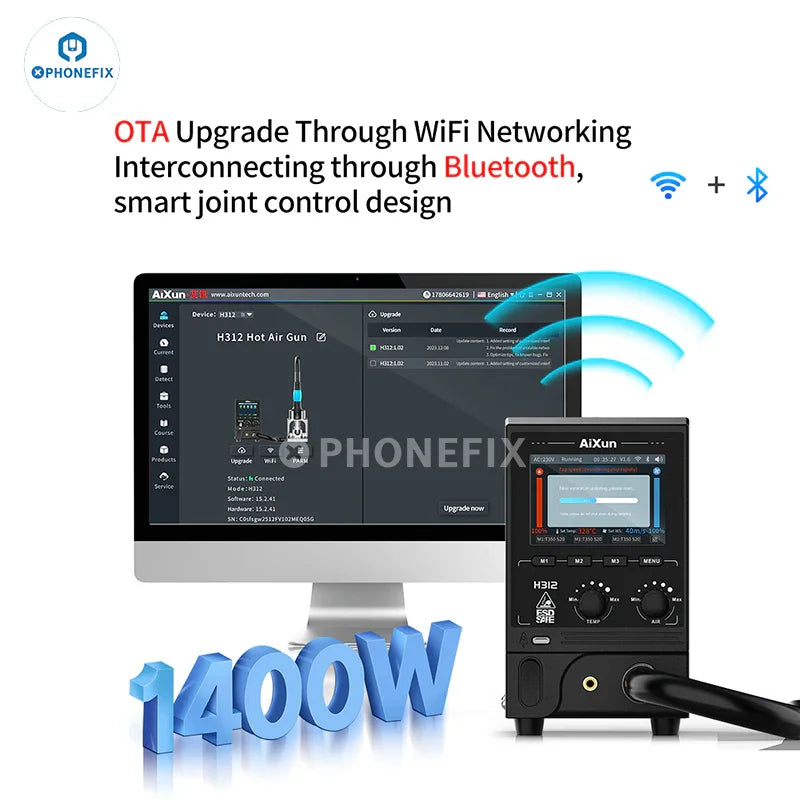 AiXun H312 1400W Smart Hot Air Gun BGA Rework Station for electronics repair, with digital controls and adjustable airflow.