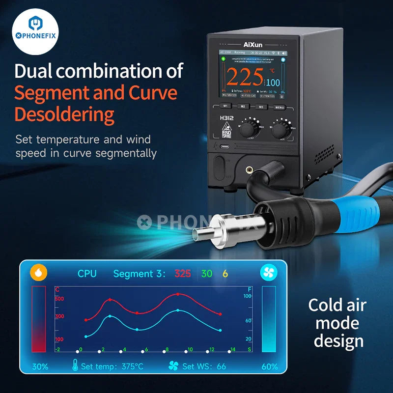 AiXun H312 1400W Smart Hot Air Gun BGA Rework Station with digital controls and heating nozzle for electronics repair.