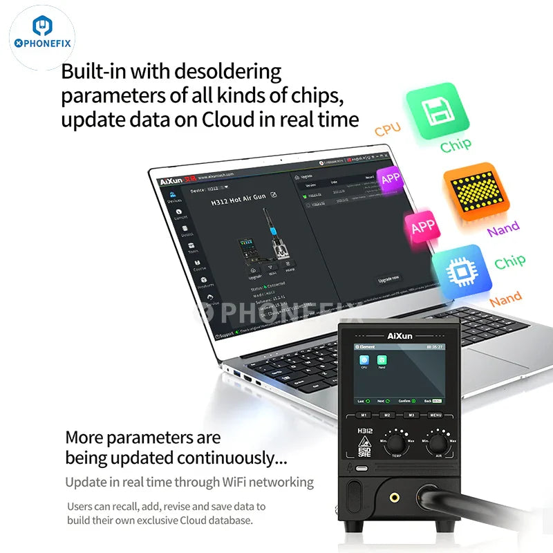 AiXun H312 1400W smart hot air gun BGA rework station with digital controls and cooling system for precise electronics repairs.